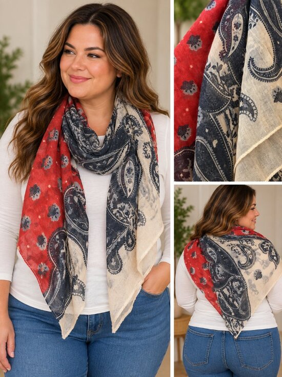 Liz Claiborne Accessories - 3 Scarf Set - Blue Stripes, Red & Blue Paisley, Purple Chiffon